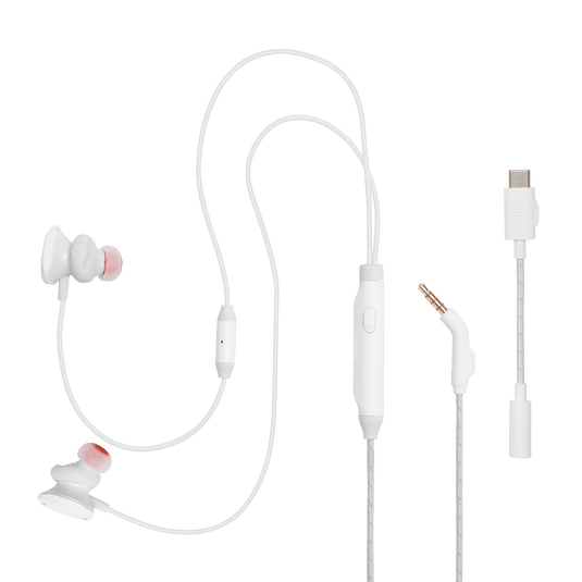 JBL Quantum 50C bele gaming slušalke kabel in USB-C adapter