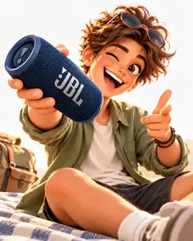 Zabaven fant z JBL Flip zvočnikom