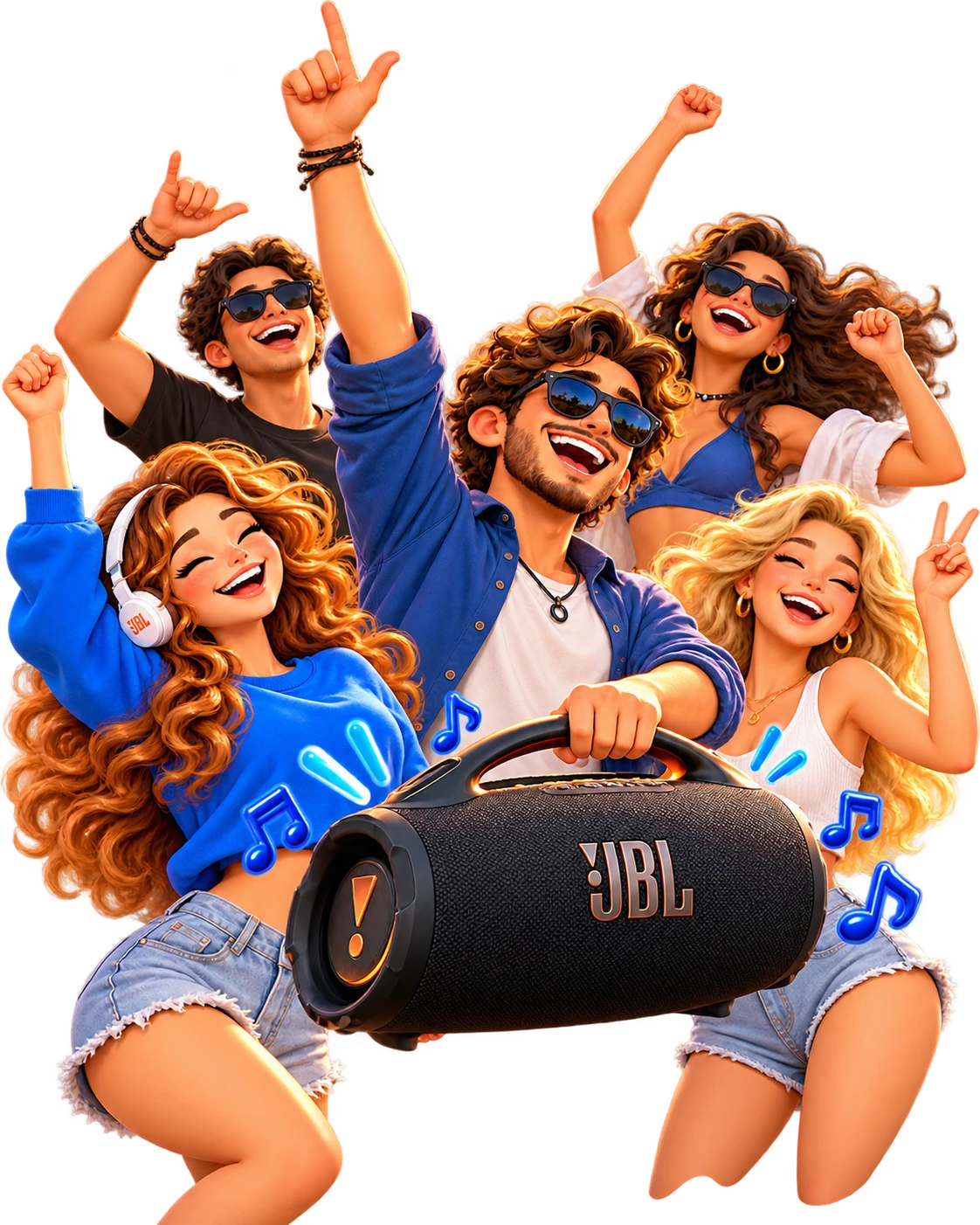 Risana skupina prijateljev na zabavi z velikim prenosnim zvočnikom JBL Boombox